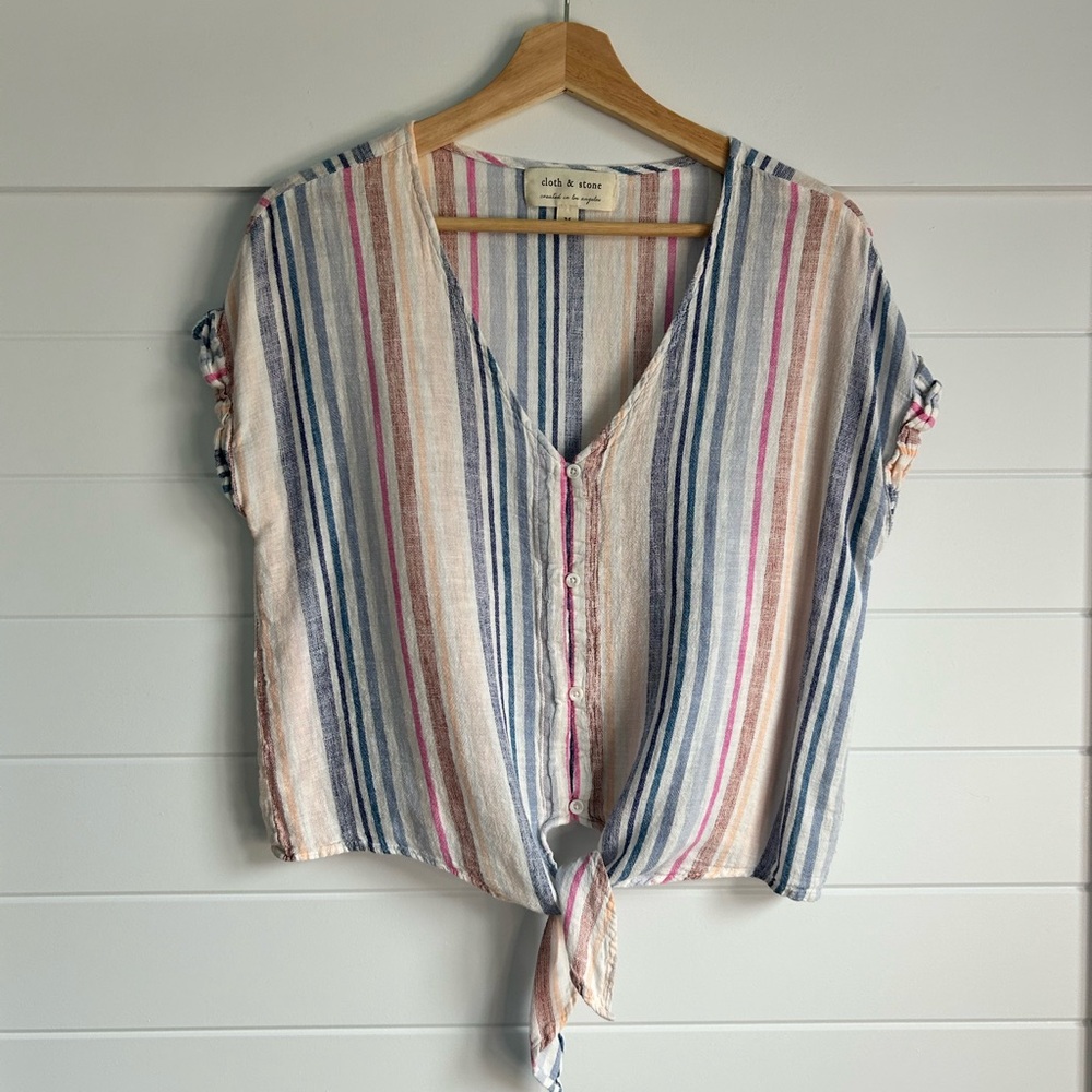 SOLD - Cloth & Stone Blue and Pink Striped Tie-Front Blouse Size M